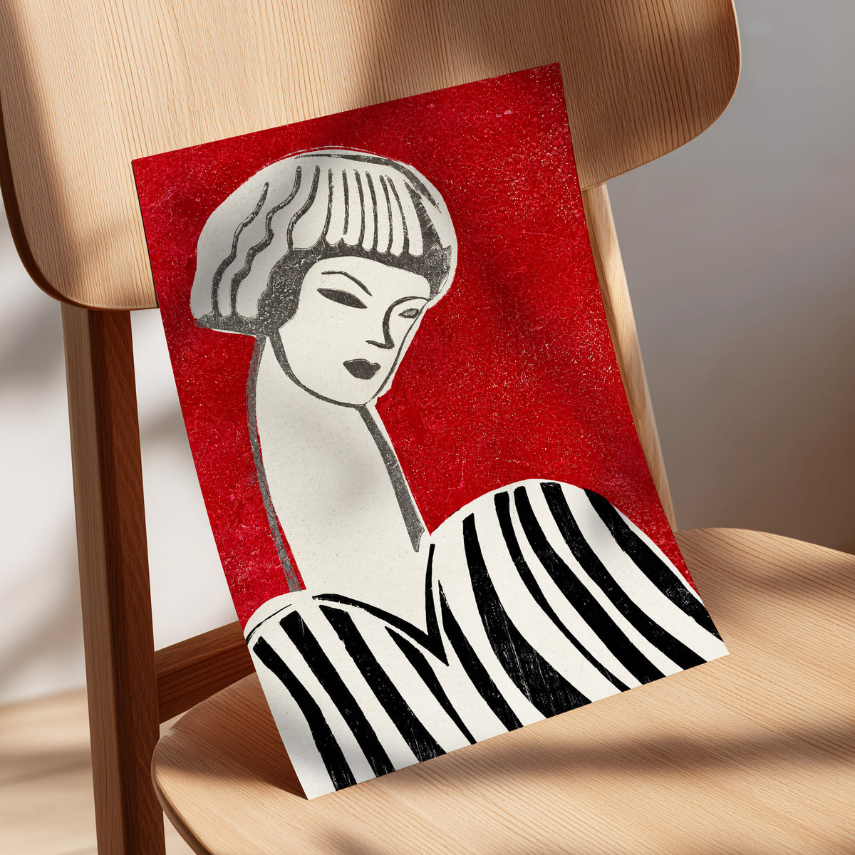Scarlet Poise, red, beige, black abstract wall art displayed in a styled interior, gallery view 5