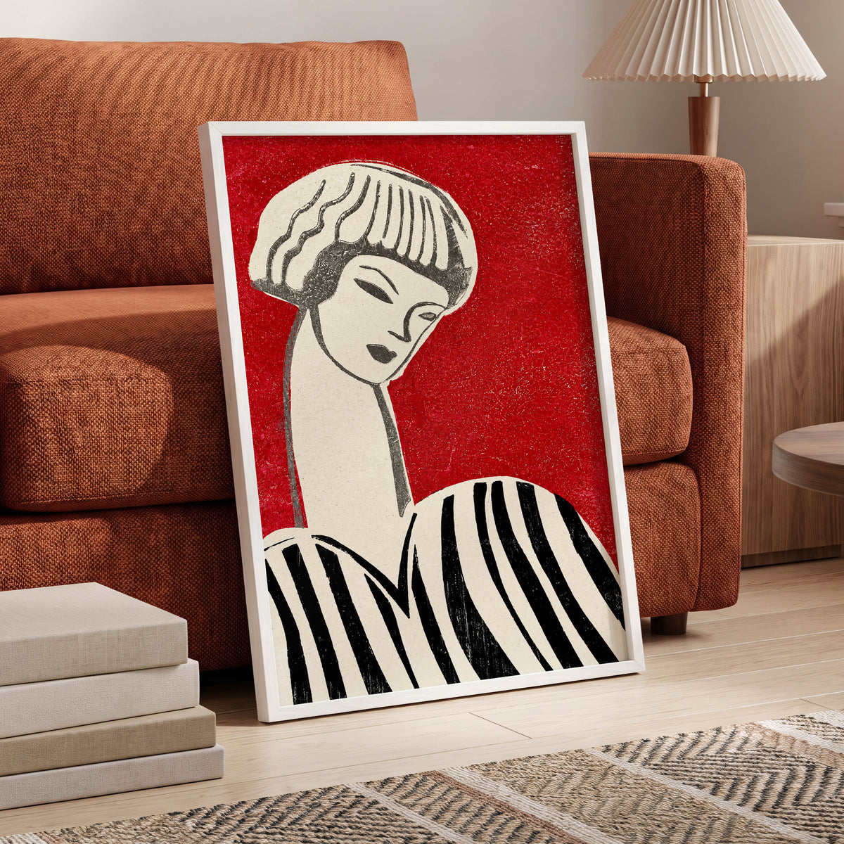 Scarlet Poise, red, beige, black abstract wall art displayed in a styled interior, gallery view 6