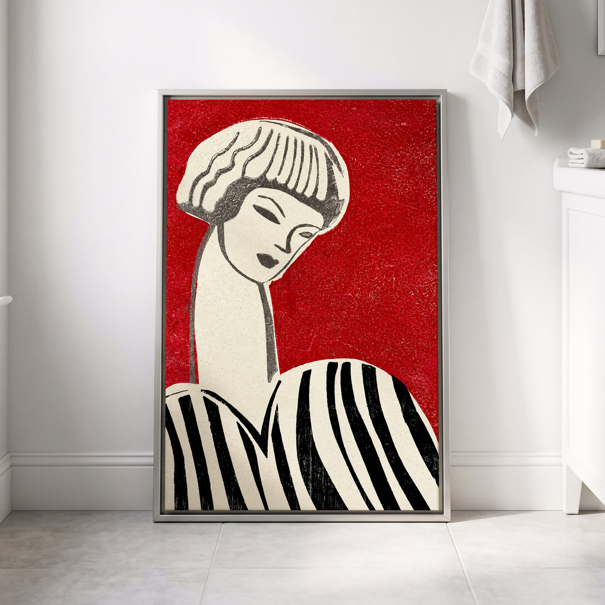 Scarlet Poise, red, beige, black abstract wall art displayed in a styled interior, gallery view 8
