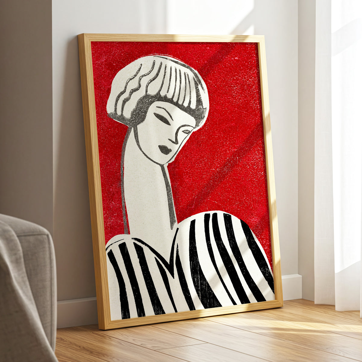 Scarlet Poise, red, beige, black abstract wall art displayed in a styled interior, gallery view 9