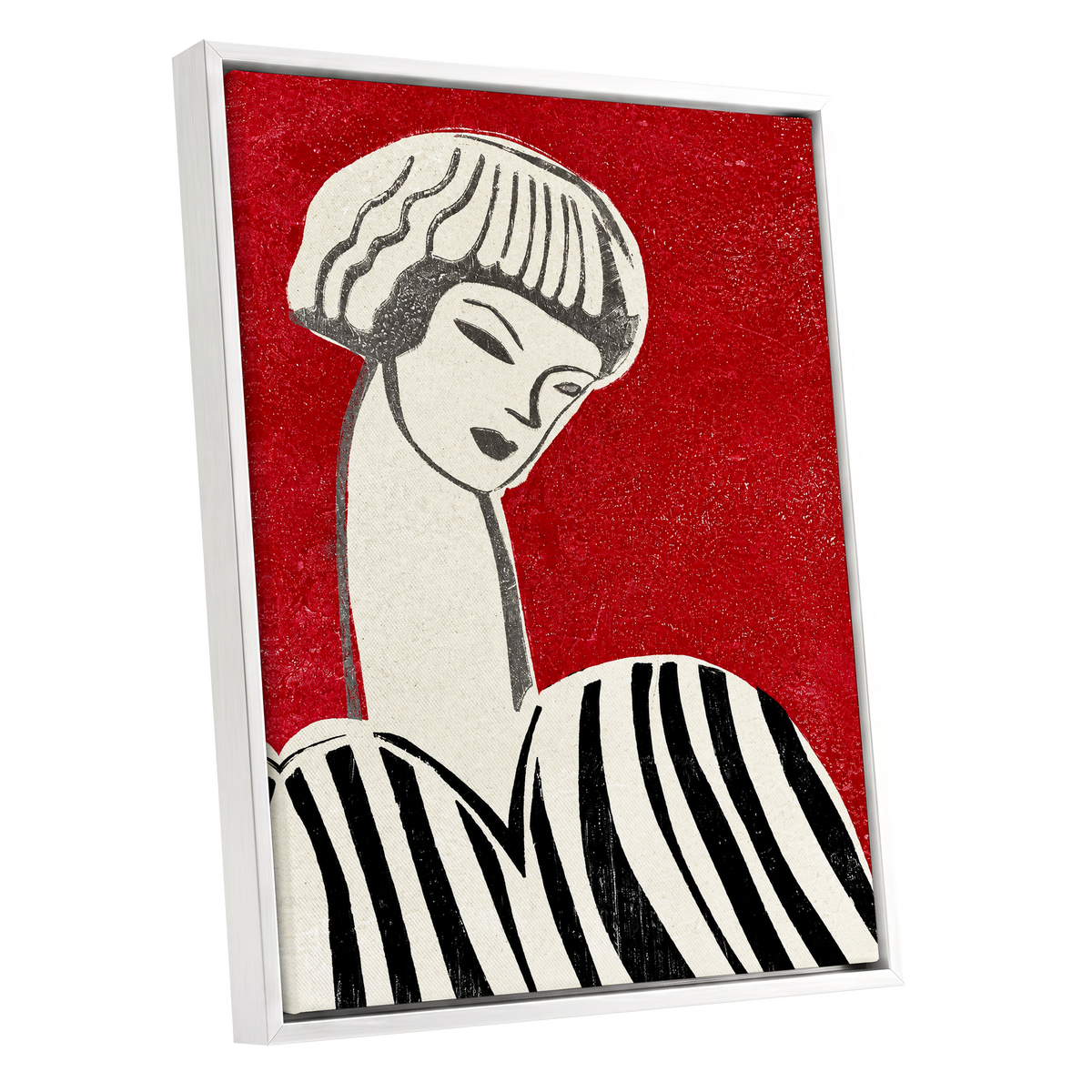 Scarlet Poise, red, beige, black abstract wall art shown as a white framed canvas wall art