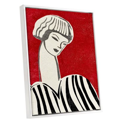 Scarlet Poise, red, beige, black abstract wall art shown as a white framed canvas wall art