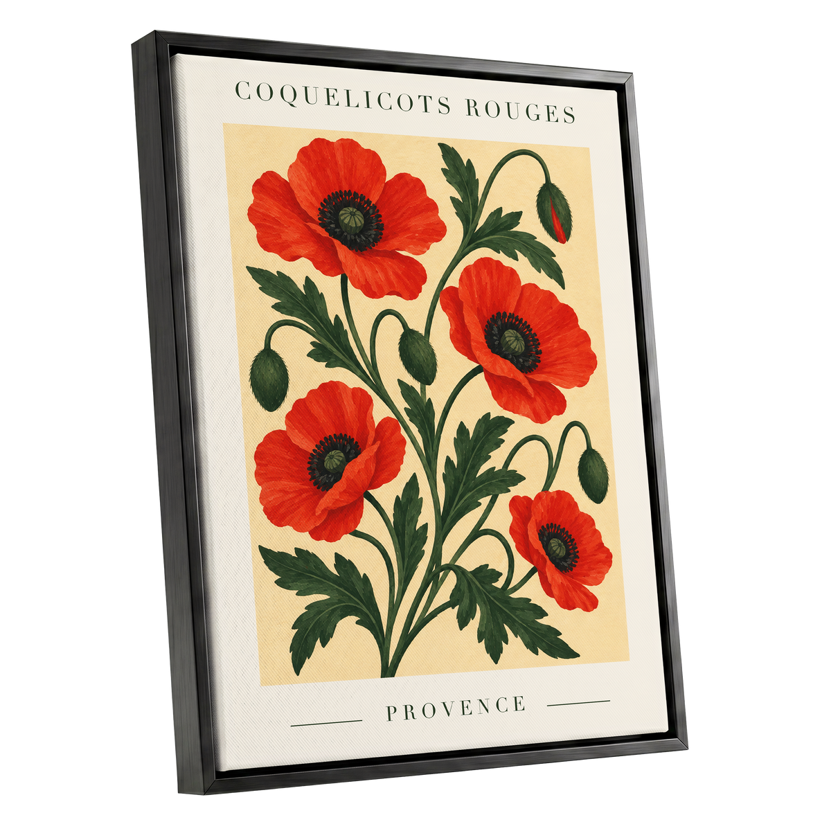 Scarlet Poppy Flourish, red, green, beige floral wall art shown as a black framed canvas wall art
