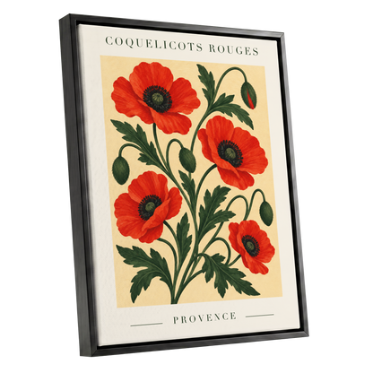 Scarlet Poppy Flourish, red, green, beige floral wall art shown as a black framed canvas wall art