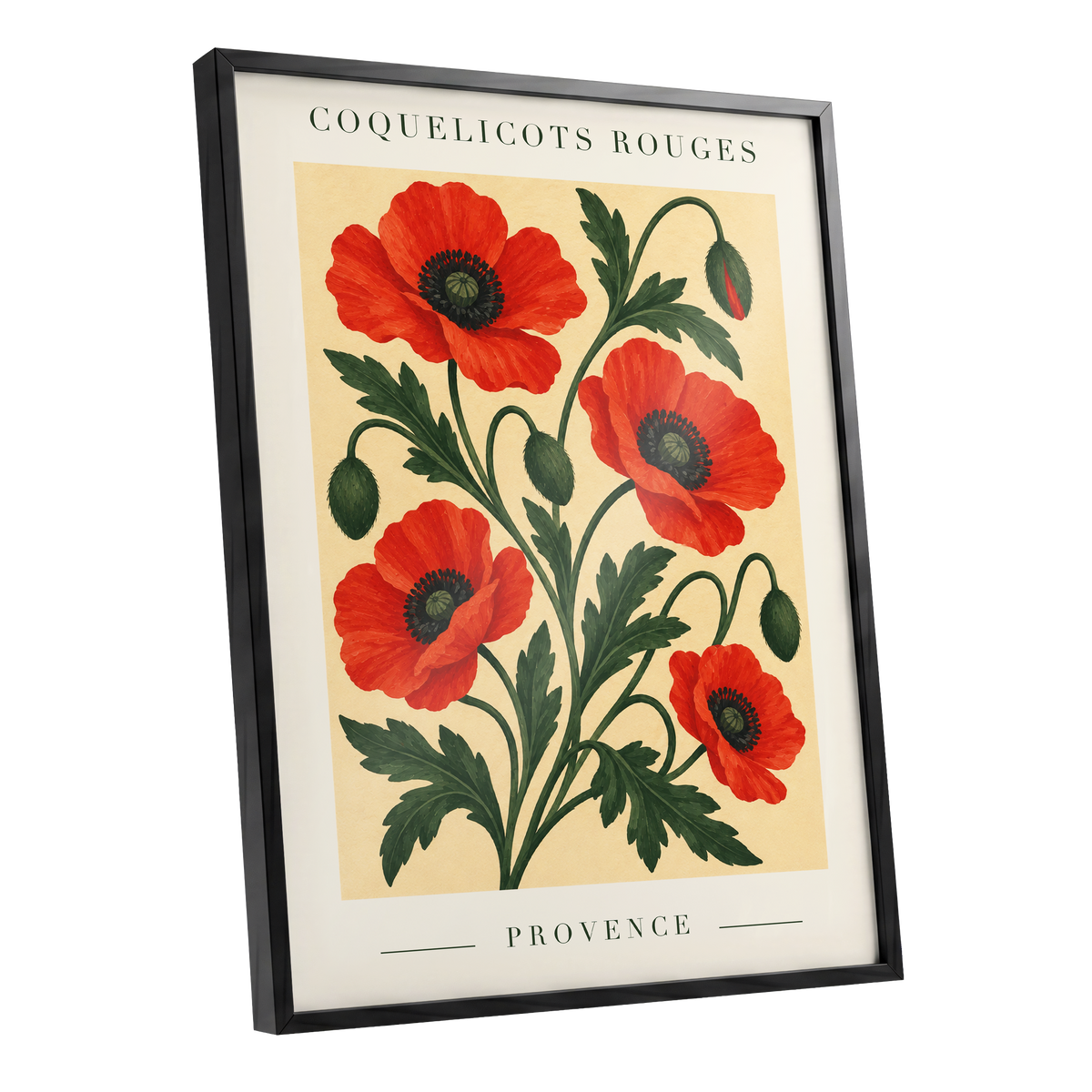 Scarlet Poppy Flourish, red, green, beige floral wall art shown as a black framed poster wall art print