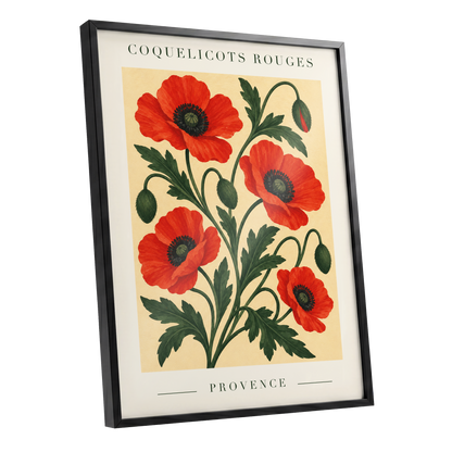 Scarlet Poppy Flourish, red, green, beige floral wall art shown as a black framed poster wall art print
