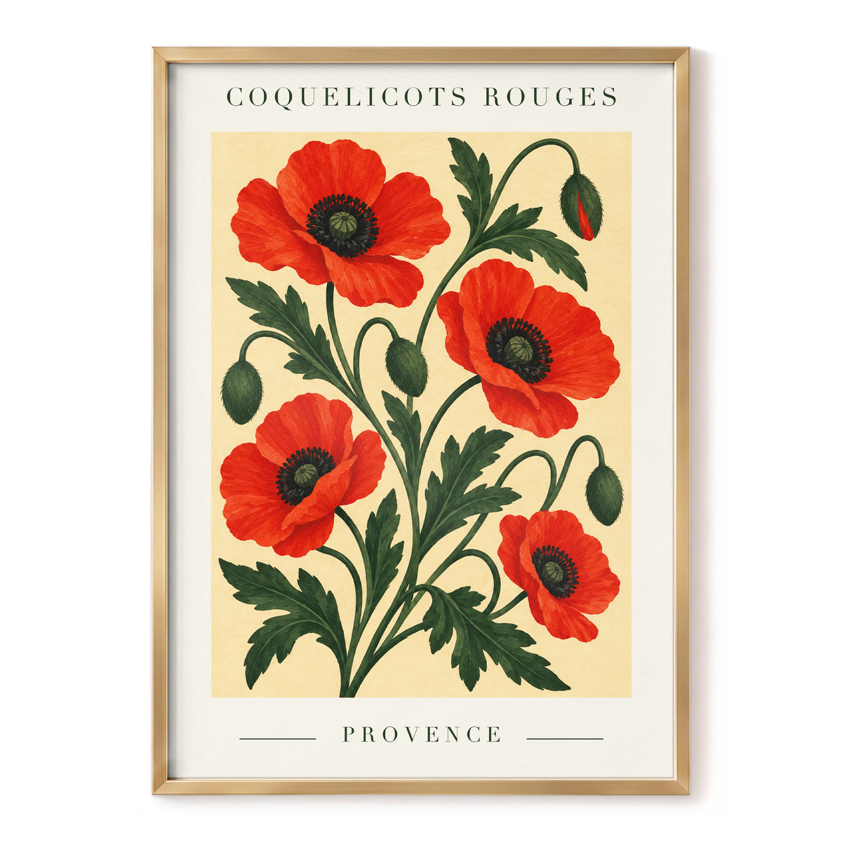 Scarlet Poppy Flourish, red, green, beige floral wall art, front artwork view