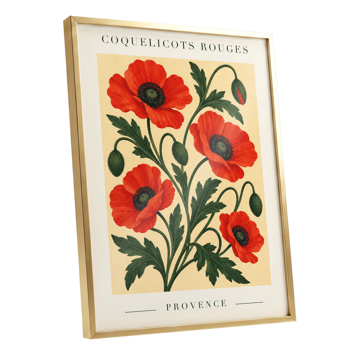 Scarlet Poppy Flourish, red, green, beige floral wall art shown as a gold framed poster wall art print