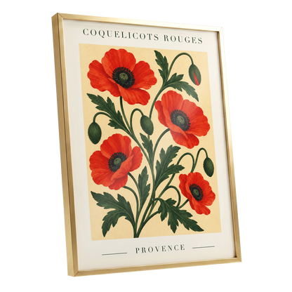 Scarlet Poppy Flourish, red, green, beige floral wall art shown as a gold framed poster wall art print