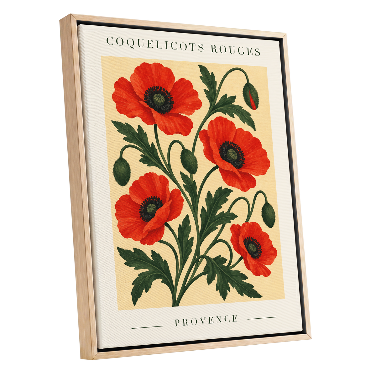 Scarlet Poppy Flourish, red, green, beige floral wall art shown as a oak framed canvas wall art