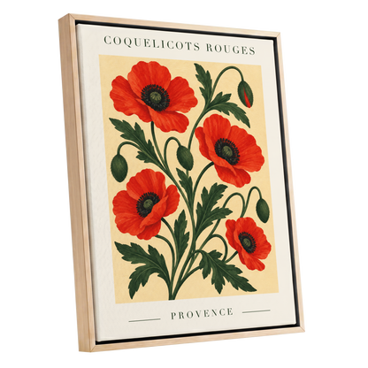 Scarlet Poppy Flourish, red, green, beige floral wall art shown as a oak framed canvas wall art