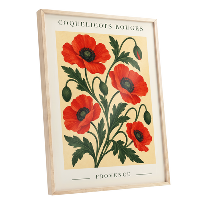Scarlet Poppy Flourish, red, green, beige floral wall art shown as a oak framed poster wall art print