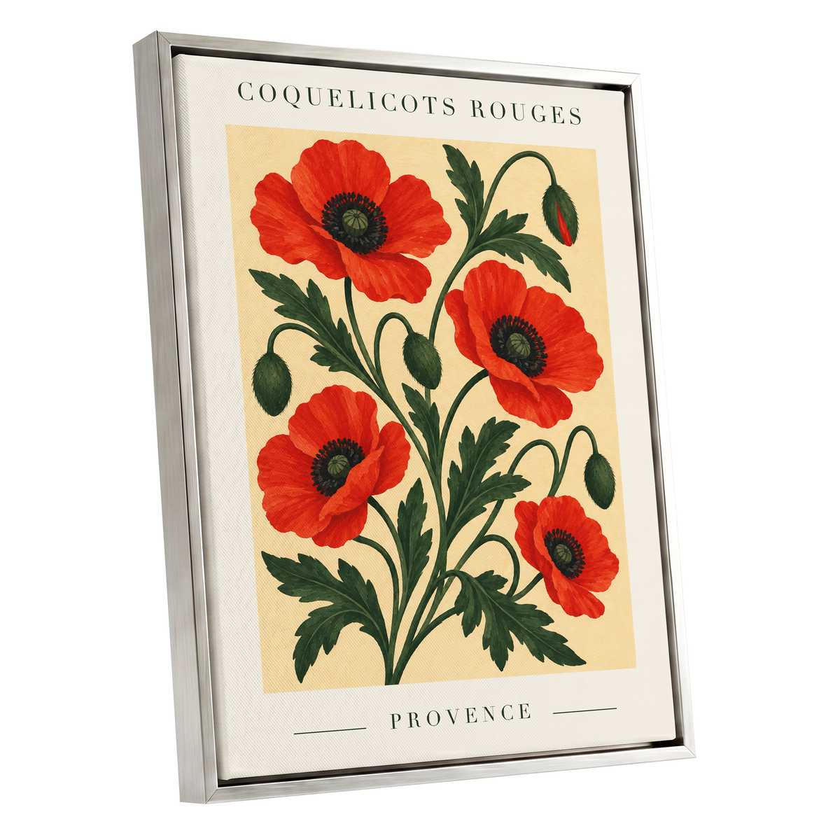 Scarlet Poppy Flourish, red, green, beige floral wall art shown as a silver framed canvas wall art