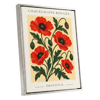 Scarlet Poppy Flourish, red, green, beige floral wall art shown as a silver framed canvas wall art