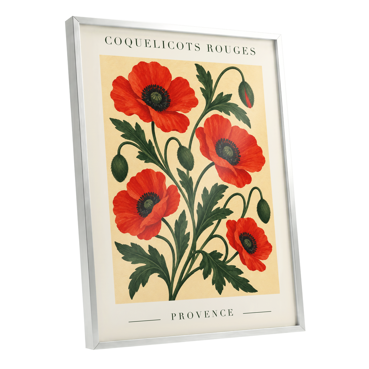 Scarlet Poppy Flourish, red, green, beige floral wall art shown as a silver framed poster wall art print