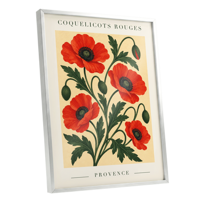 Scarlet Poppy Flourish, red, green, beige floral wall art shown as a silver framed poster wall art print