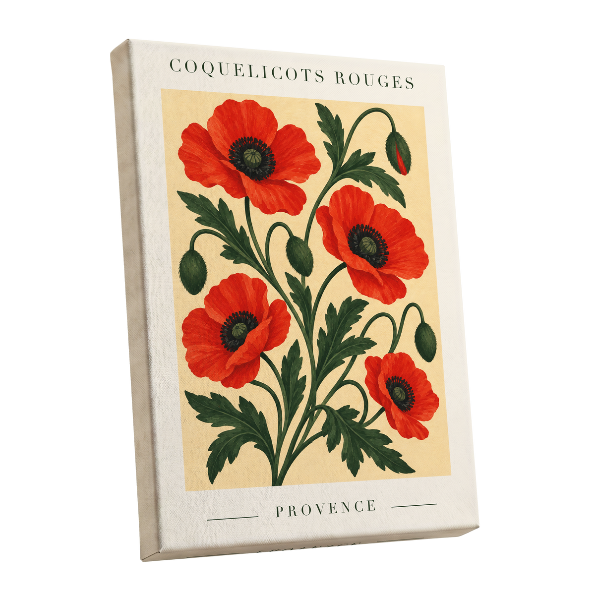 Scarlet Poppy Flourish, red, green, beige floral wall art shown as a stretched canvas wall art