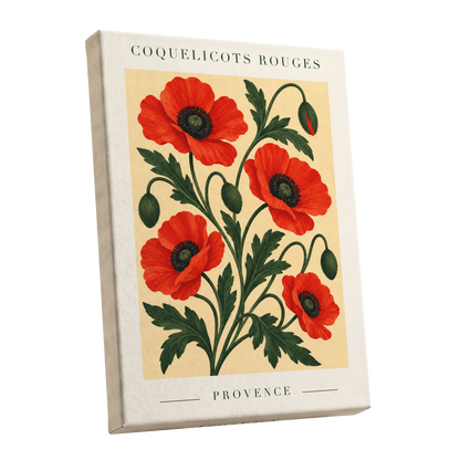 Scarlet Poppy Flourish, red, green, beige floral wall art shown as a stretched canvas wall art