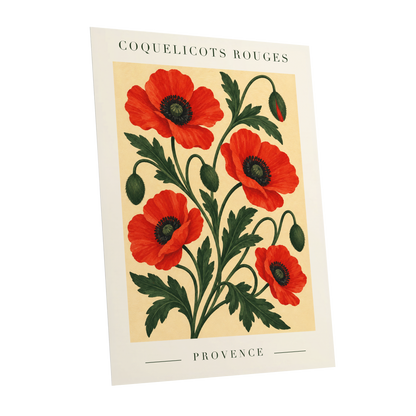 Scarlet Poppy Flourish, red, green, beige floral wall art shown as a unframed poster wall art print
