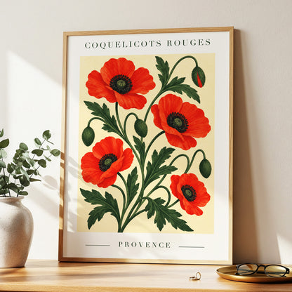 Scarlet Poppy Flourish, red, green, beige floral wall art displayed in a styled interior, gallery view 2