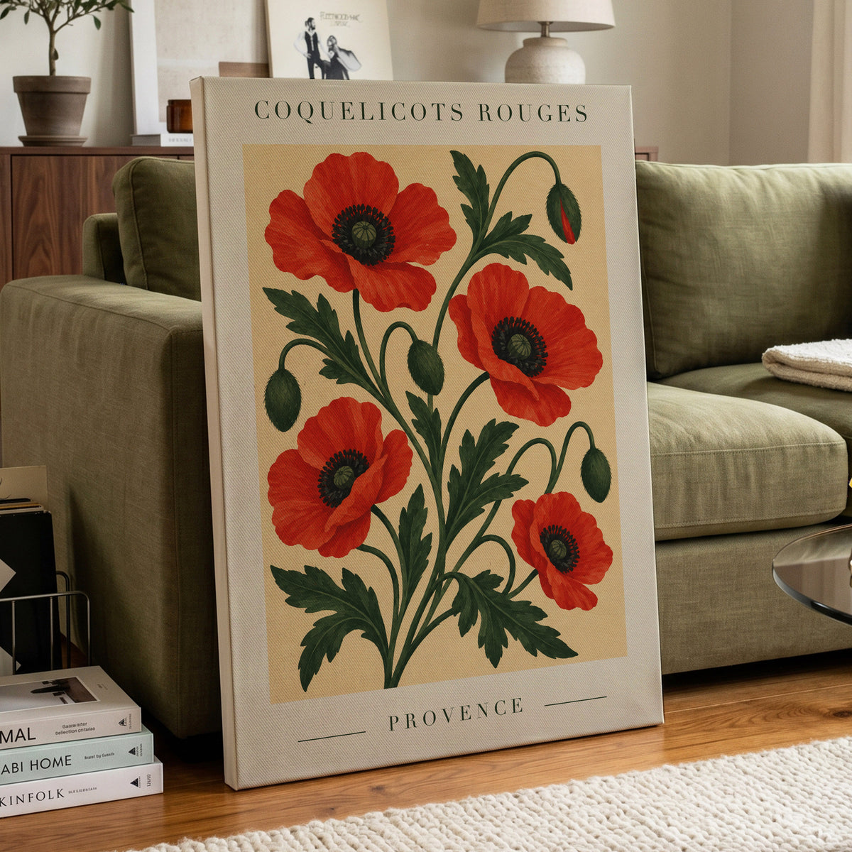Scarlet Poppy Flourish, red, green, beige floral wall art displayed in a styled interior, gallery view 3
