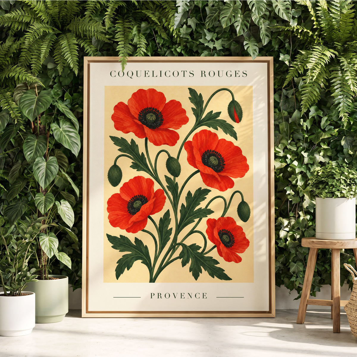 Scarlet Poppy Flourish, red, green, beige floral wall art displayed in a styled interior, gallery view 4