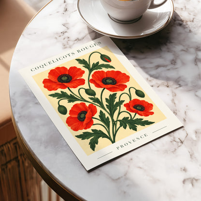 Scarlet Poppy Flourish, red, green, beige floral wall art displayed in a styled interior, gallery view 5