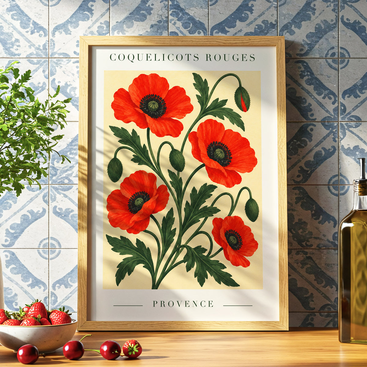 Scarlet Poppy Flourish, red, green, beige floral wall art displayed in a styled interior, gallery view 6