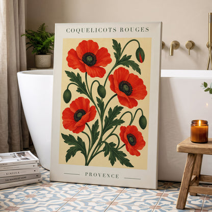 Scarlet Poppy Flourish, red, green, beige floral wall art displayed in a styled interior, gallery view 7
