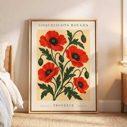 Scarlet Poppy Flourish, red, green, beige floral wall art displayed in a styled interior, gallery view 8