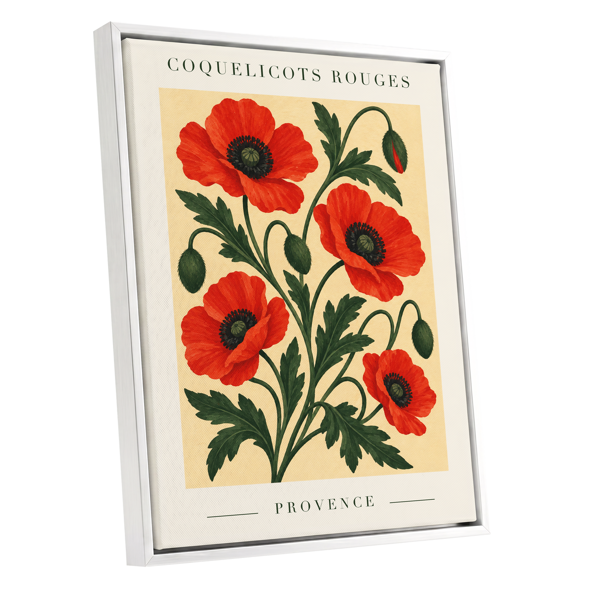 Scarlet Poppy Flourish, red, green, beige floral wall art shown as a white framed canvas wall art
