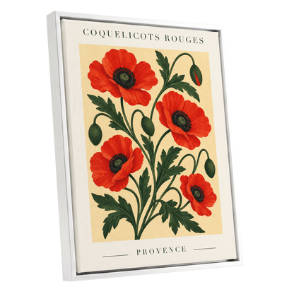 Scarlet Poppy Flourish, red, green, beige floral wall art shown as a white framed canvas wall art