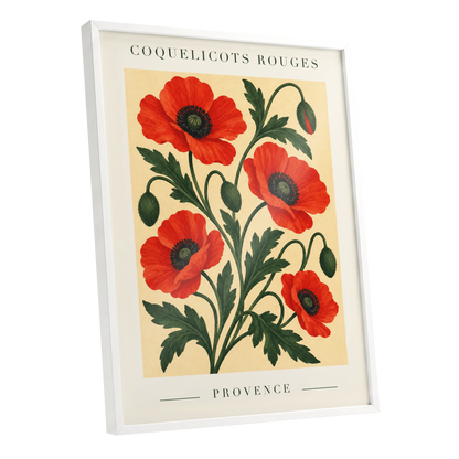 Scarlet Poppy Flourish, red, green, beige floral wall art shown as a white framed poster wall art print