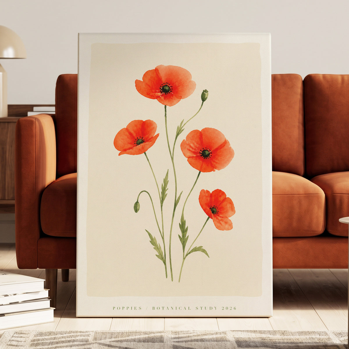 Scarlet Poppy Study, red, green, beige floral wall art on canvas displayed in a styled interior, gallery view 1