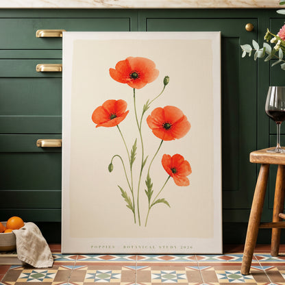 Scarlet Poppy Study, red, green, beige floral wall art on canvas displayed in a styled interior, gallery view 2