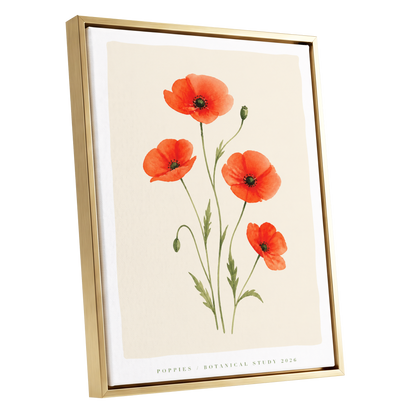 Scarlet Poppy Study, red, green, beige floral wall art shown as a gold framed canvas wall art
