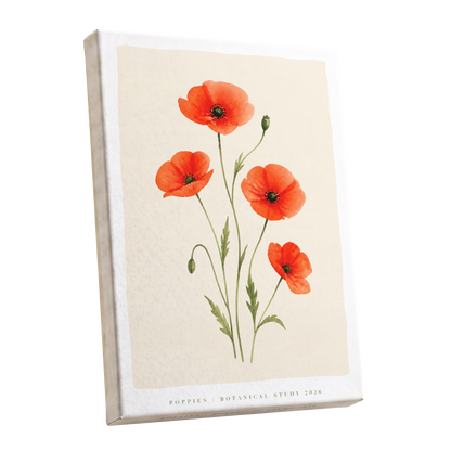 Scarlet Poppy Study, red, green, beige floral wall art shown as a stretched canvas wall art