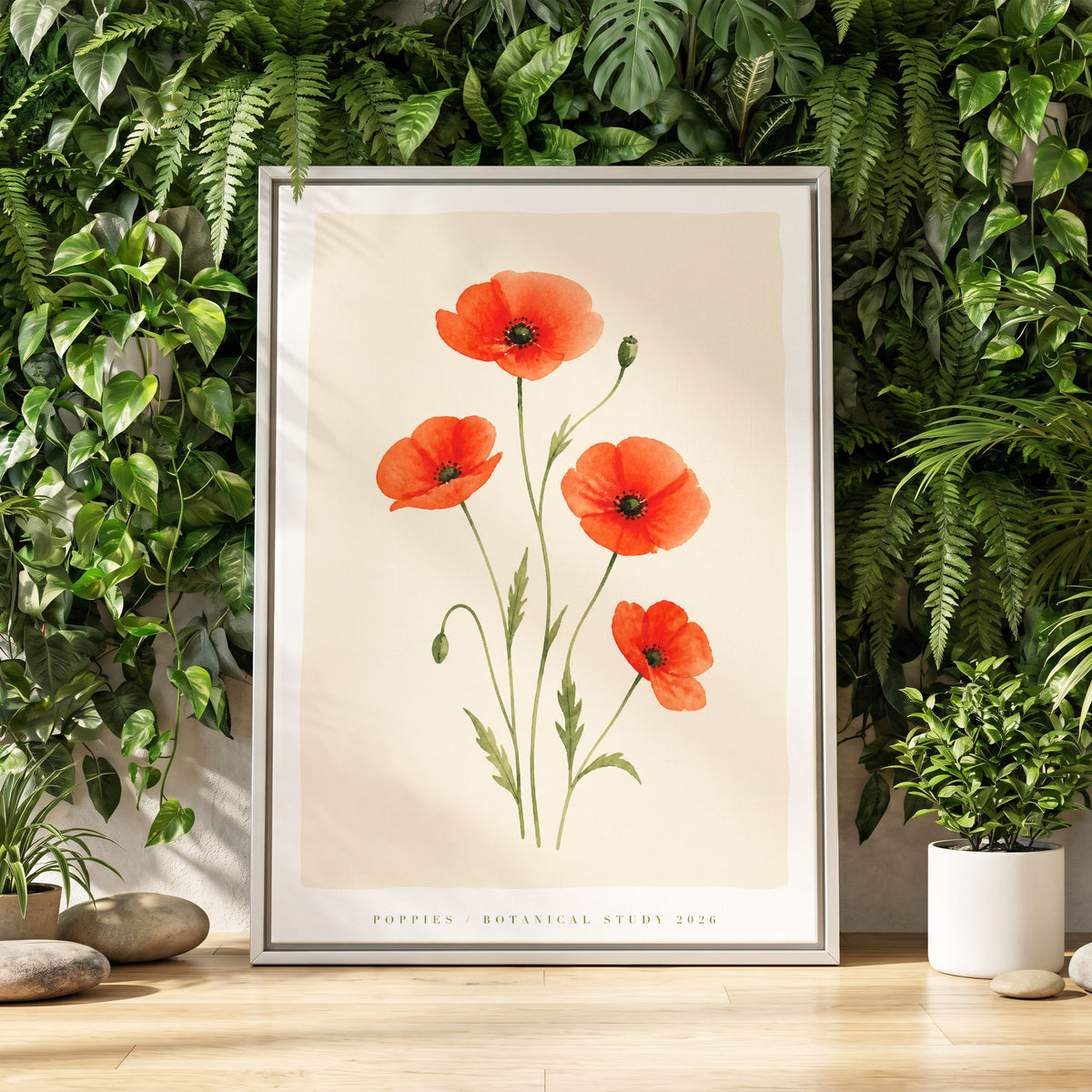 Scarlet Poppy Study, red, green, beige floral wall art displayed in a styled interior, gallery view 1