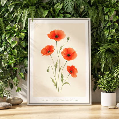 Scarlet Poppy Study, red, green, beige floral wall art displayed in a styled interior, gallery view 1