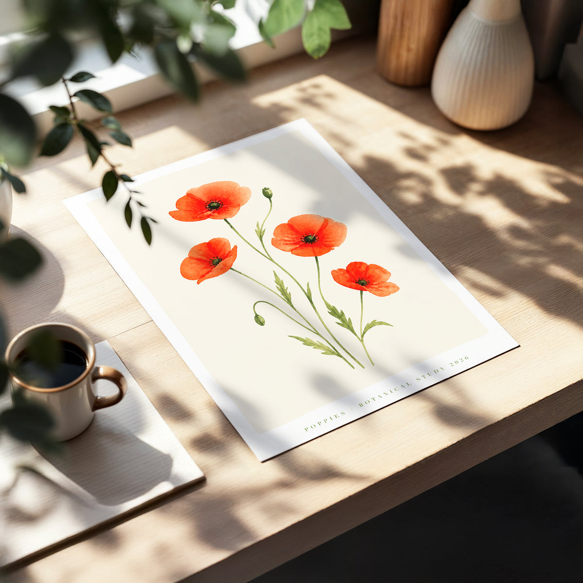 Scarlet Poppy Study, red, green, beige floral wall art displayed in a styled interior, gallery view 2