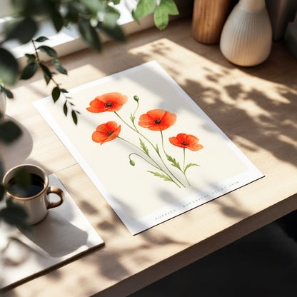 Scarlet Poppy Study, red, green, beige floral wall art displayed in a styled interior, gallery view 2
