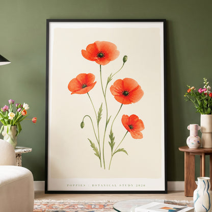 Scarlet Poppy Study, red, green, beige floral wall art displayed in a styled interior, gallery view 3