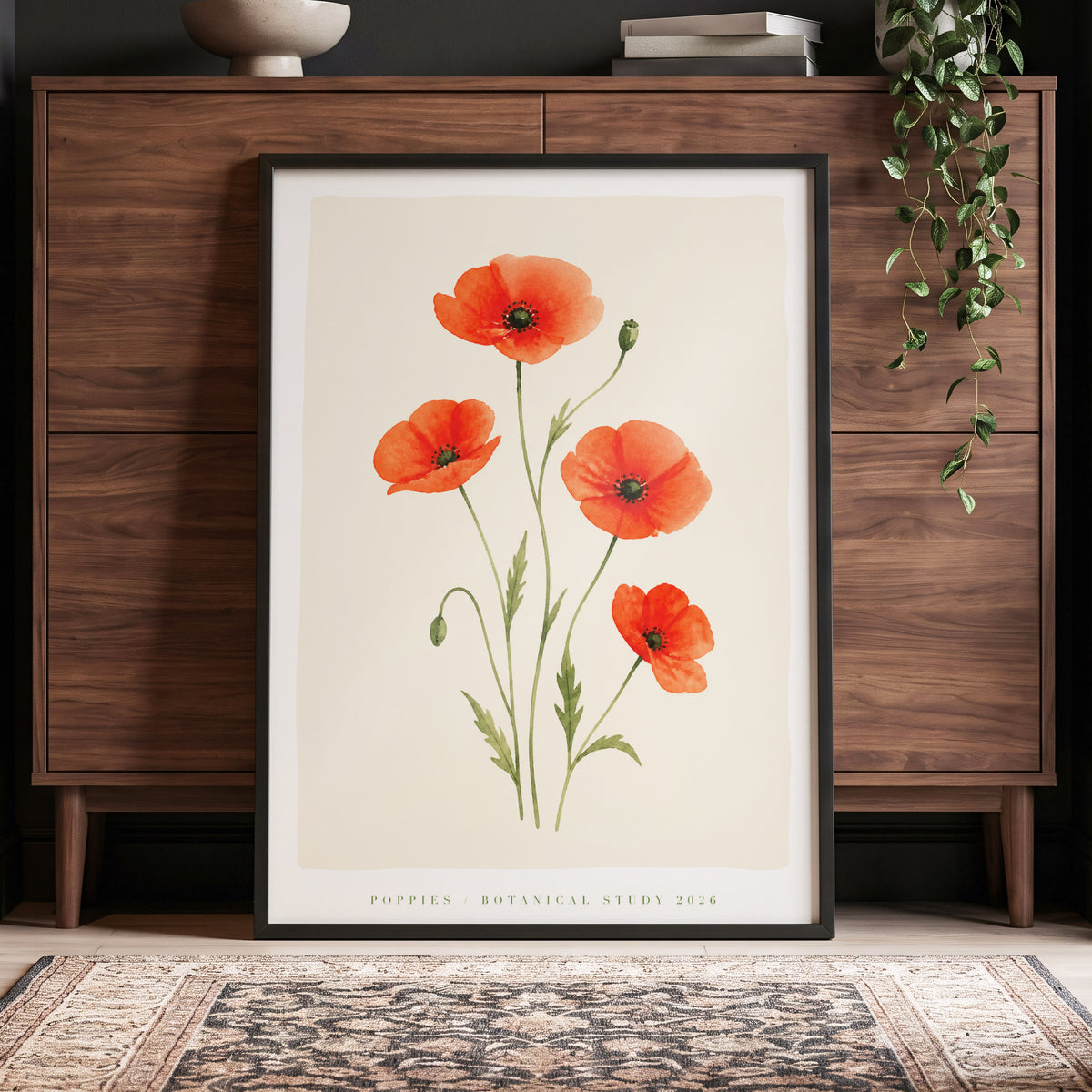 Scarlet Poppy Study, red, green, beige floral wall art displayed in a styled interior, gallery view 4