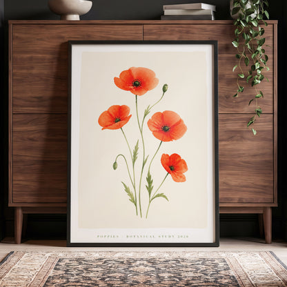 Scarlet Poppy Study, red, green, beige floral wall art displayed in a styled interior, gallery view 4