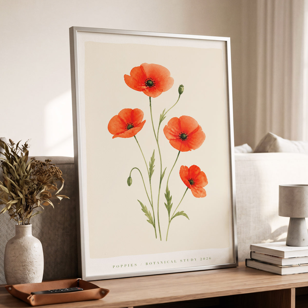 Scarlet Poppy Study, red, green, beige floral wall art displayed in a styled interior, gallery view 5