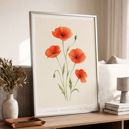 Scarlet Poppy Study, red, green, beige floral wall art displayed in a styled interior, gallery view 5