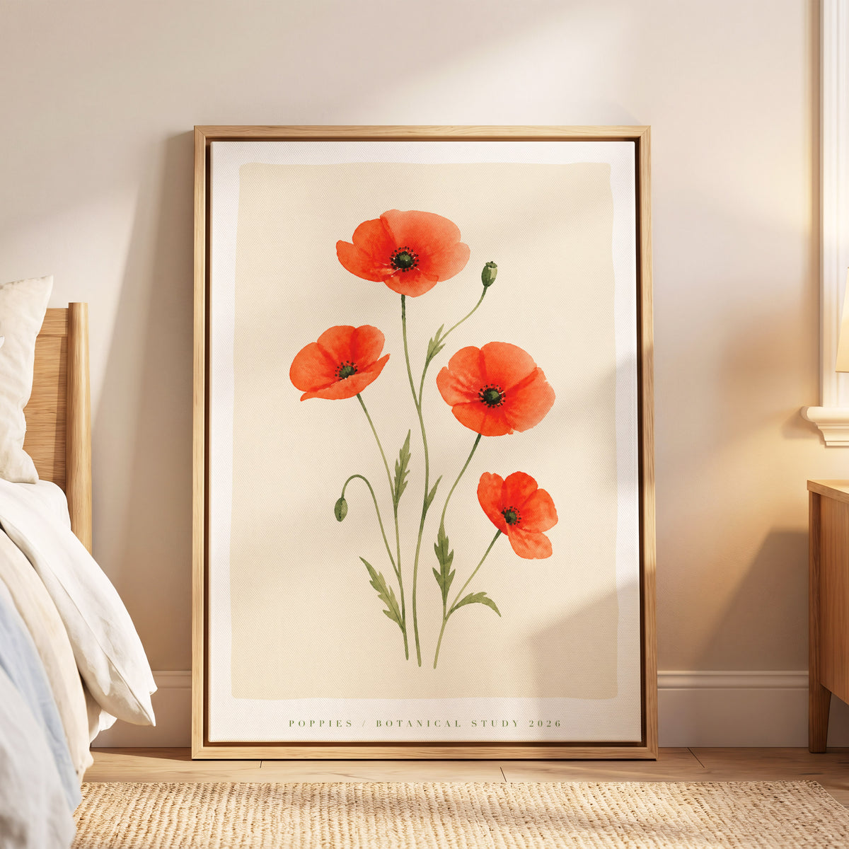 Scarlet Poppy Study, red, green, beige floral wall art displayed in a styled interior, gallery view 6