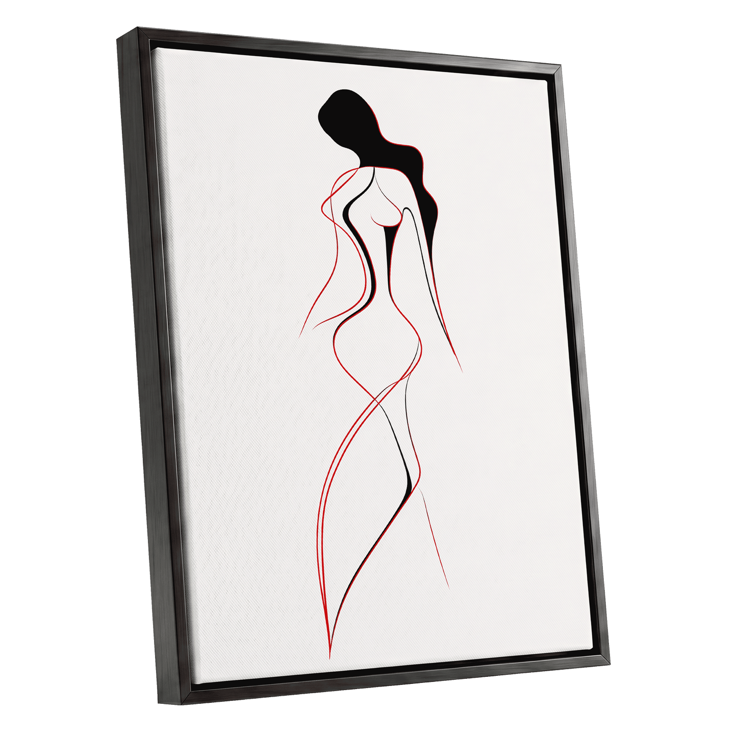 Scarlet Silhouette, black, red, beige minimalist wall art shown as a black framed canvas wall art