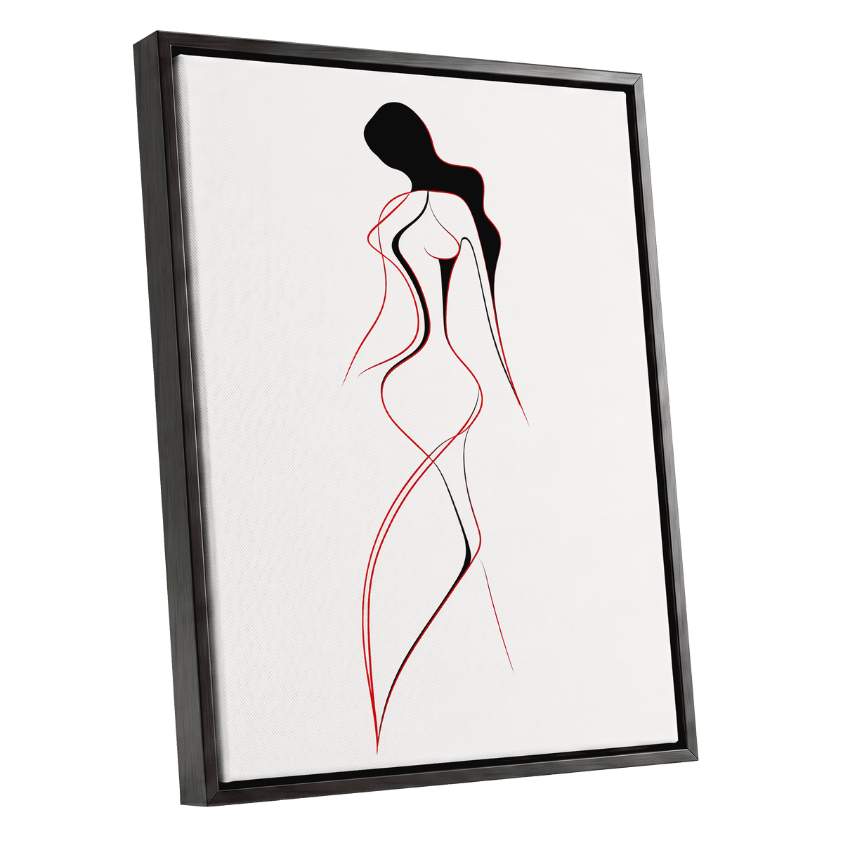 Scarlet Silhouette, black, red, beige minimalist wall art shown as a black framed canvas wall art