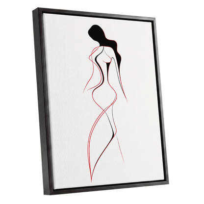 Scarlet Silhouette, black, red, beige minimalist wall art shown as a black framed canvas wall art